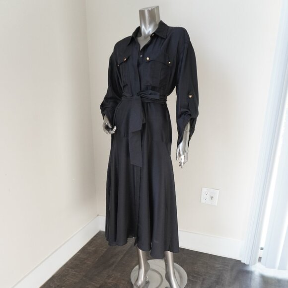 Veronica Beard Camille Shirt Dress Midi Black Silk Size 10 - Picture 6 of 9